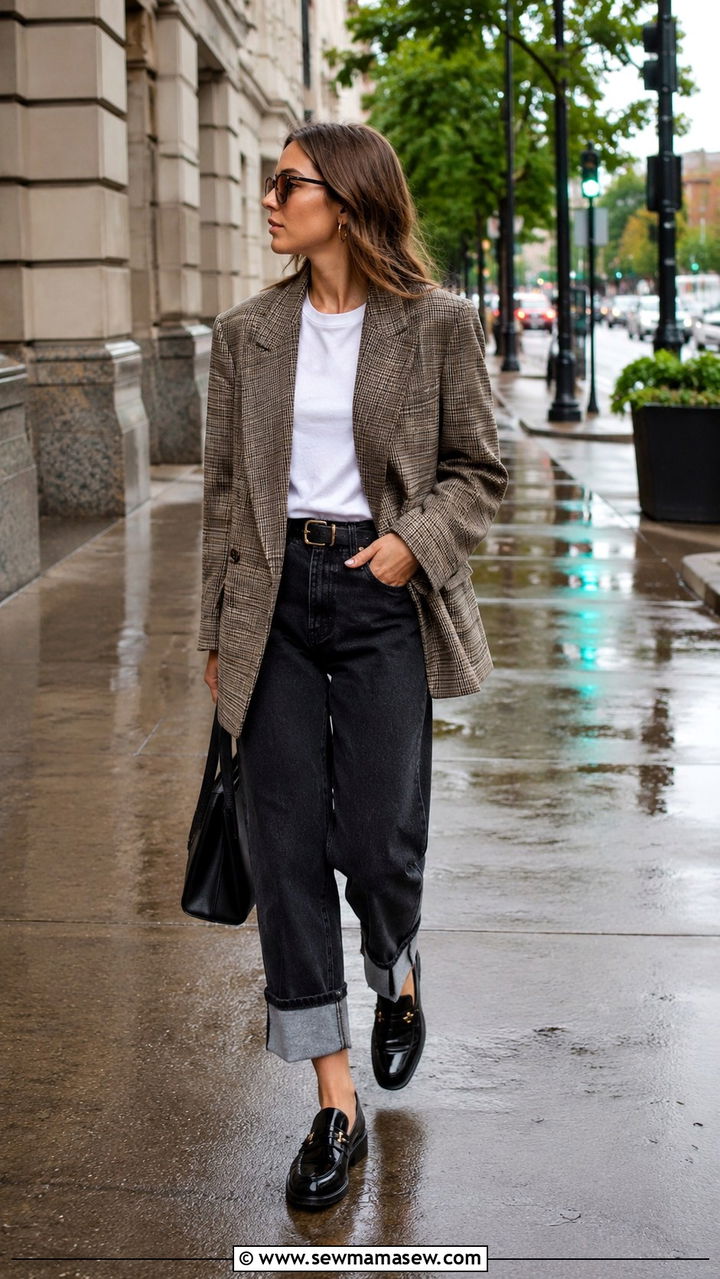 Oversized Blazer With Cuffed Jeans and Loafers - 30 rainy day outfits casual
