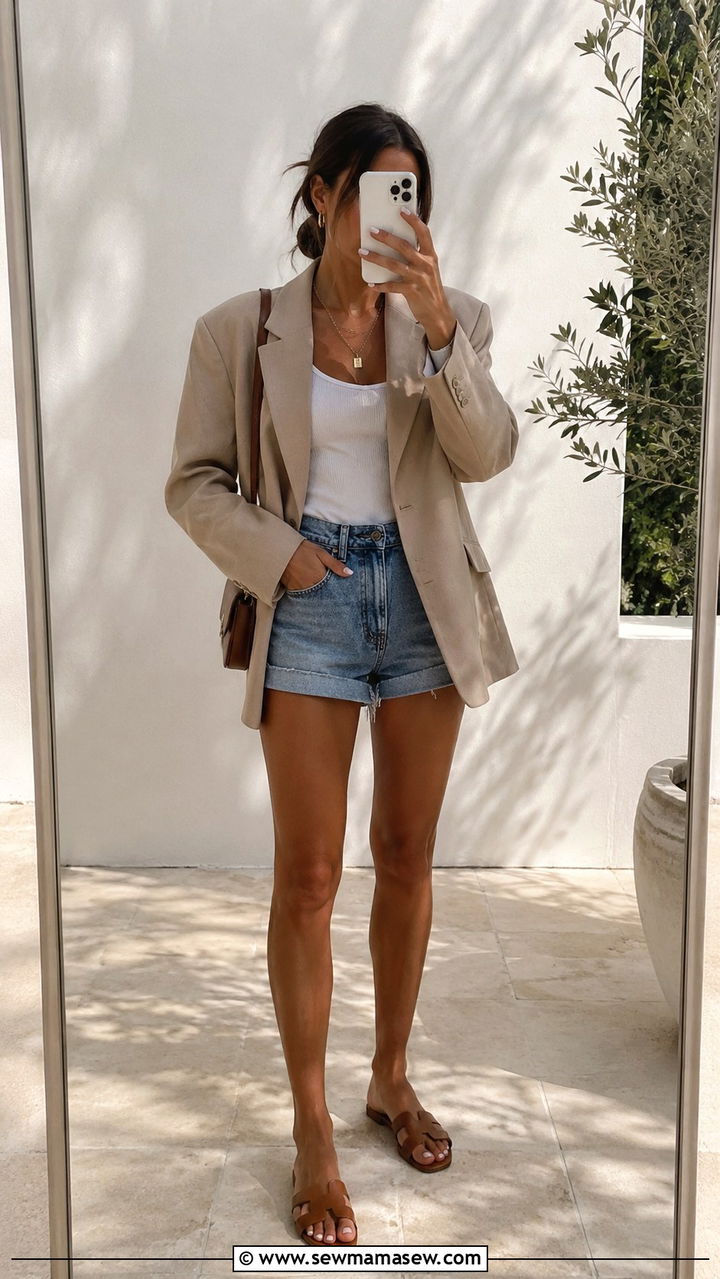Oversized Blazer With Denim Shorts Outfit - 30 casual outfits to copy