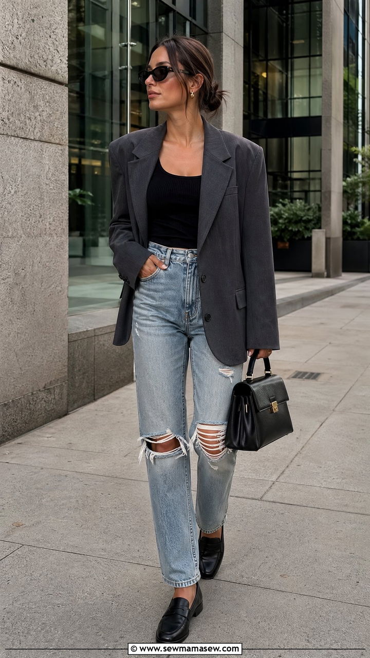 Oversized Blazer With Distressed Jeans - 35 Distressed jeans outfit ideas