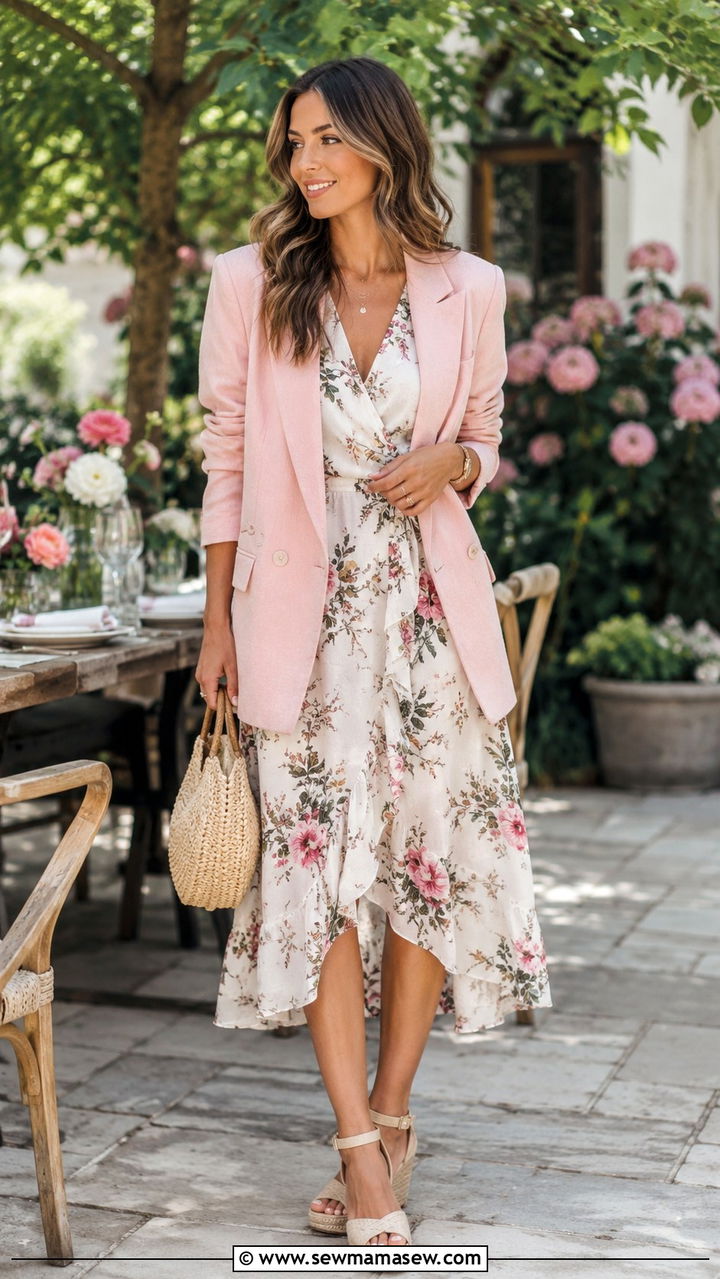 Oversized Blazer With Floral Midi Dress And Espadrille Heels - 30 Oversized blazer outfit ideas with heels