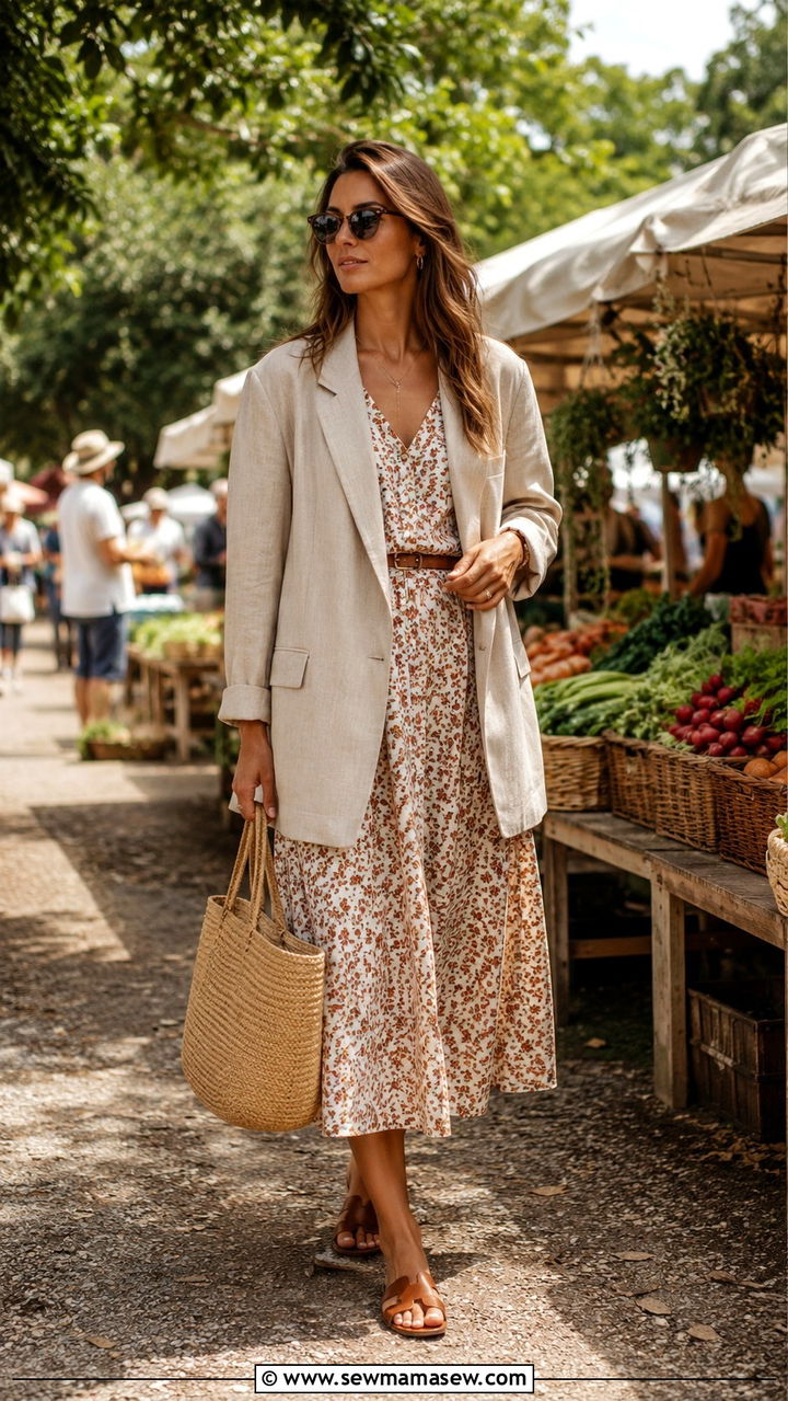 Oversized Blazer With Floral Midi Dress and Flat Sandals - 30 Oversized blazer outfit ideas with a dress