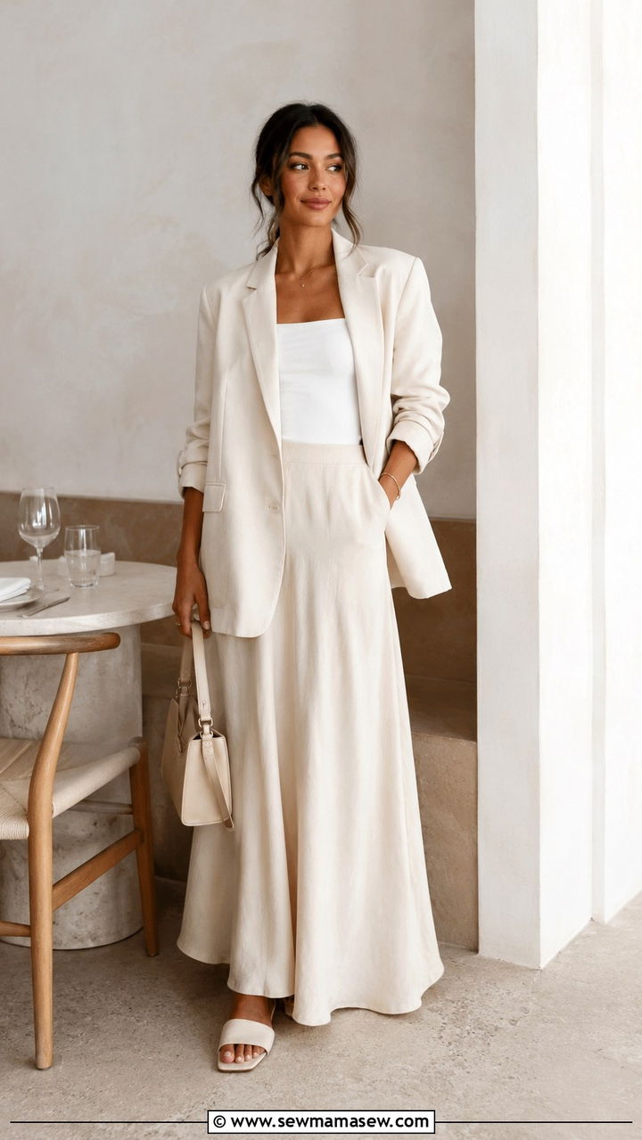 Oversized Blazer With Flowy Maxi Skirt And Slide Sandals - 30 modest girls night out outfit ideas