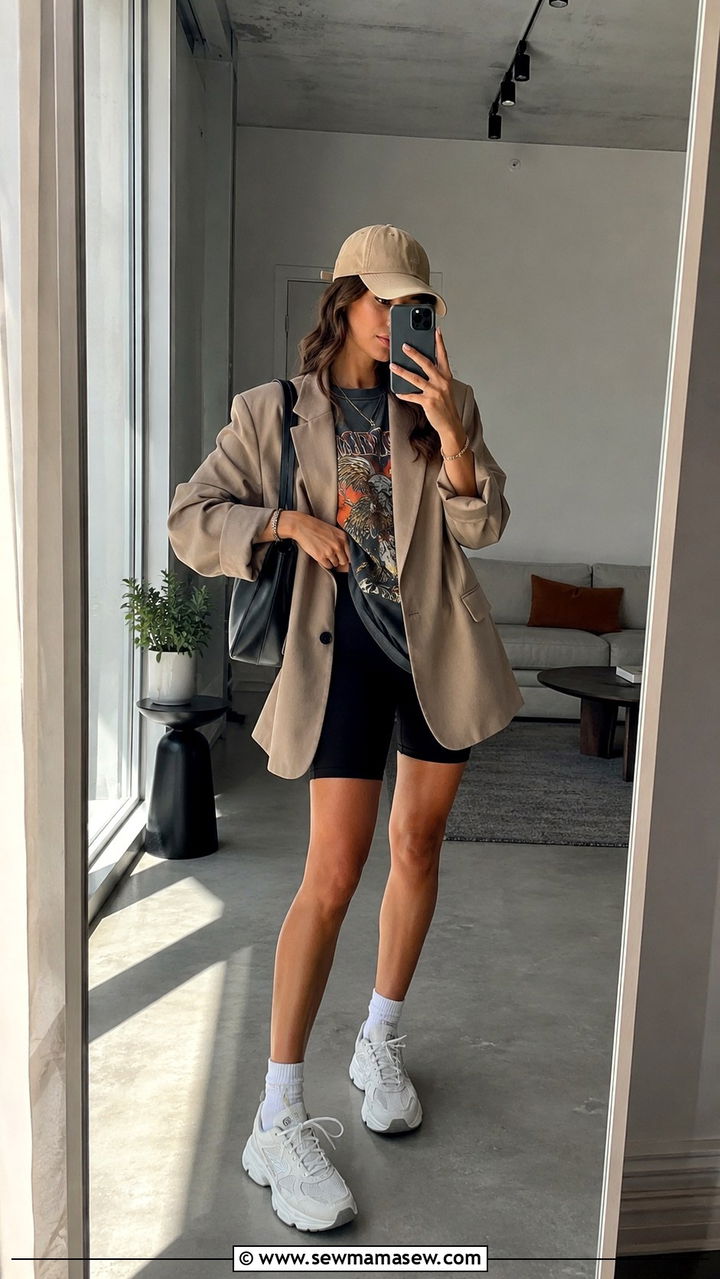 Oversized Blazer With Graphic Tee And Biker Shorts - 30 Oversized blazer outfit ideas with shorts