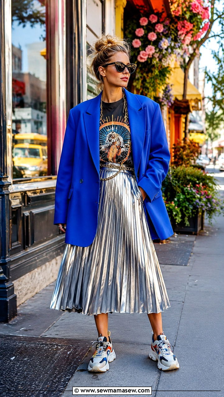 Oversized Blazer With Graphic Tee And Pleated Midi Skirt Maximalist Outfit - 20 cute maximalist outfits