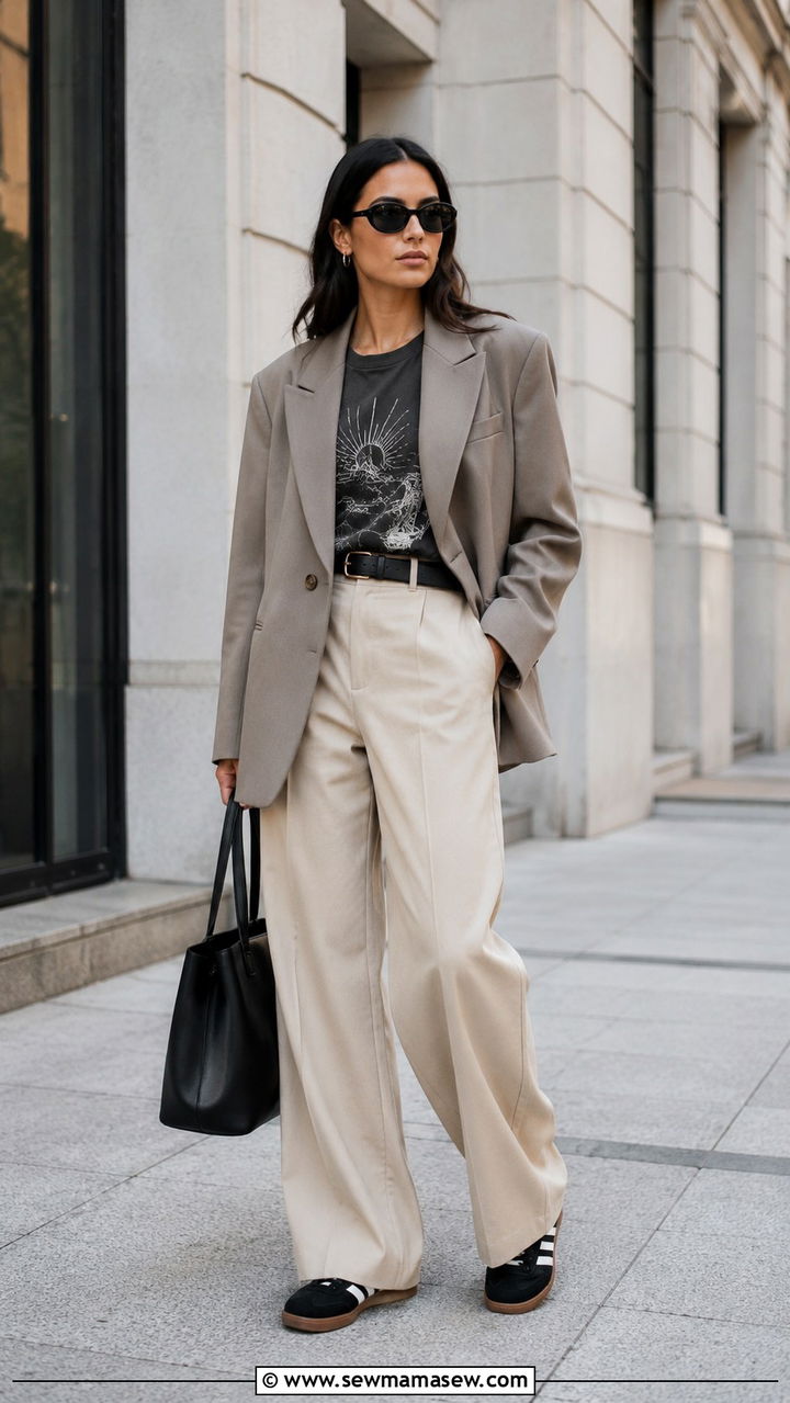 Oversized Blazer With Graphic Tee And Wide Leg Trousers - 30 Chill spring outfit ideas