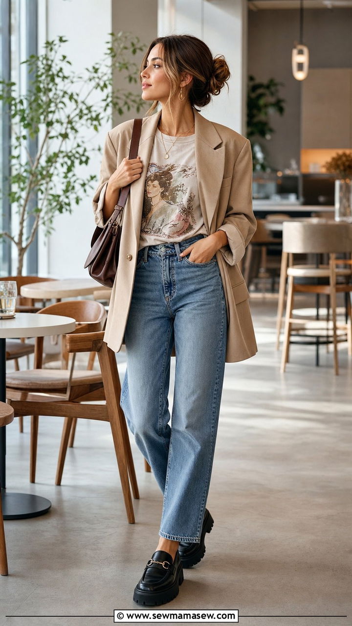 Oversized Blazer With Graphic Tee and Straight Leg Jeans - 25 spring easy outfit formulas