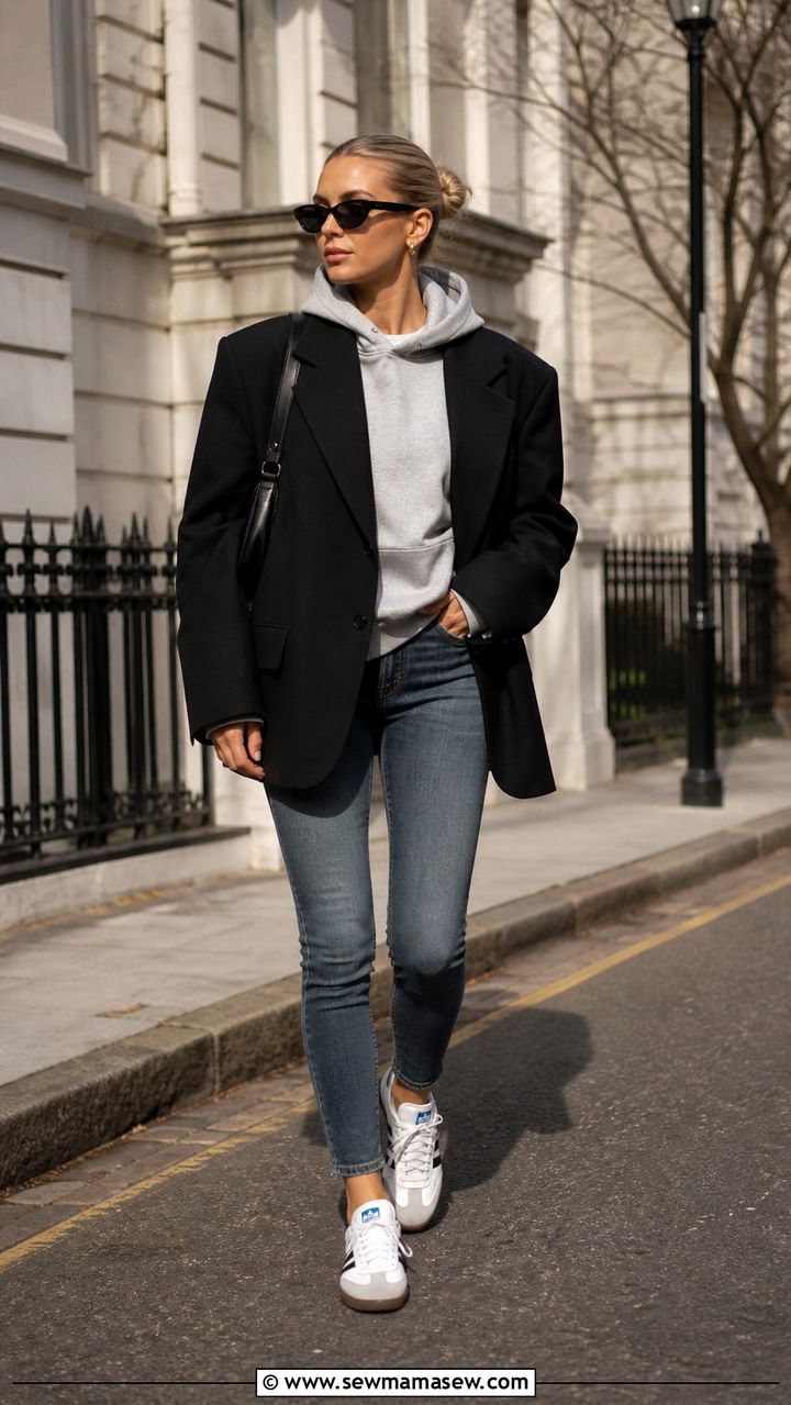 Oversized Blazer With Hoodie And Retro Sneakers - 40 cute sneaker outfits