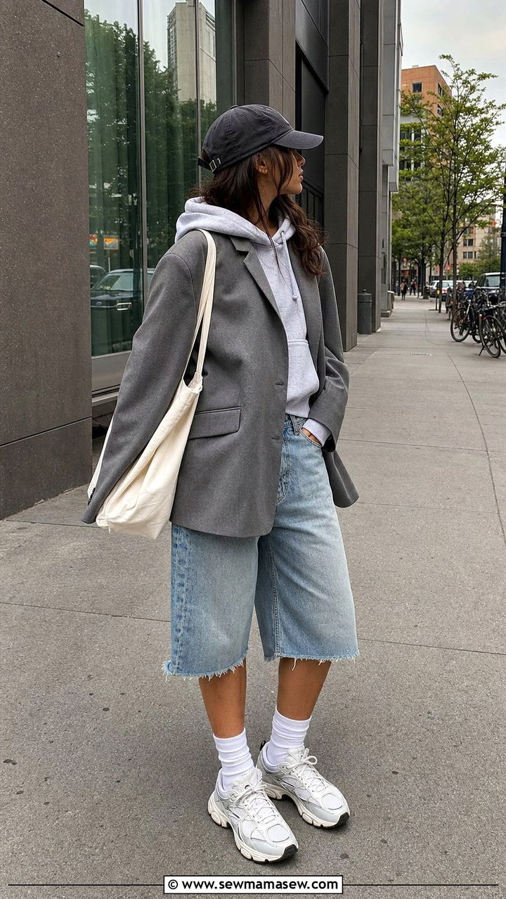 Oversized Blazer With Hoodie Jorts and Chunky Sneakers - 25 Eclectic grandpa outfit ideas