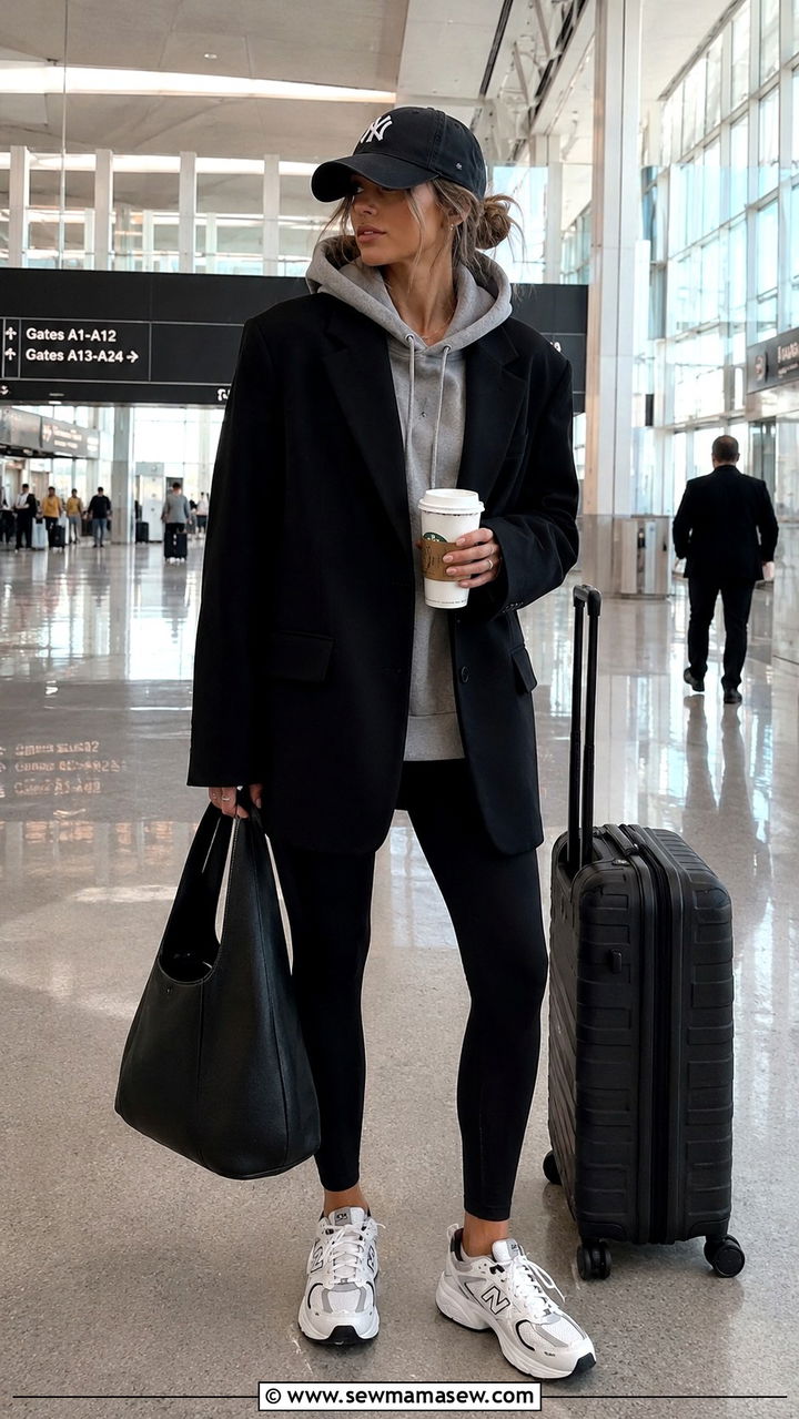 Oversized Blazer With Hoodie and Leggings - 25 Airport outfit ideas for cold destination