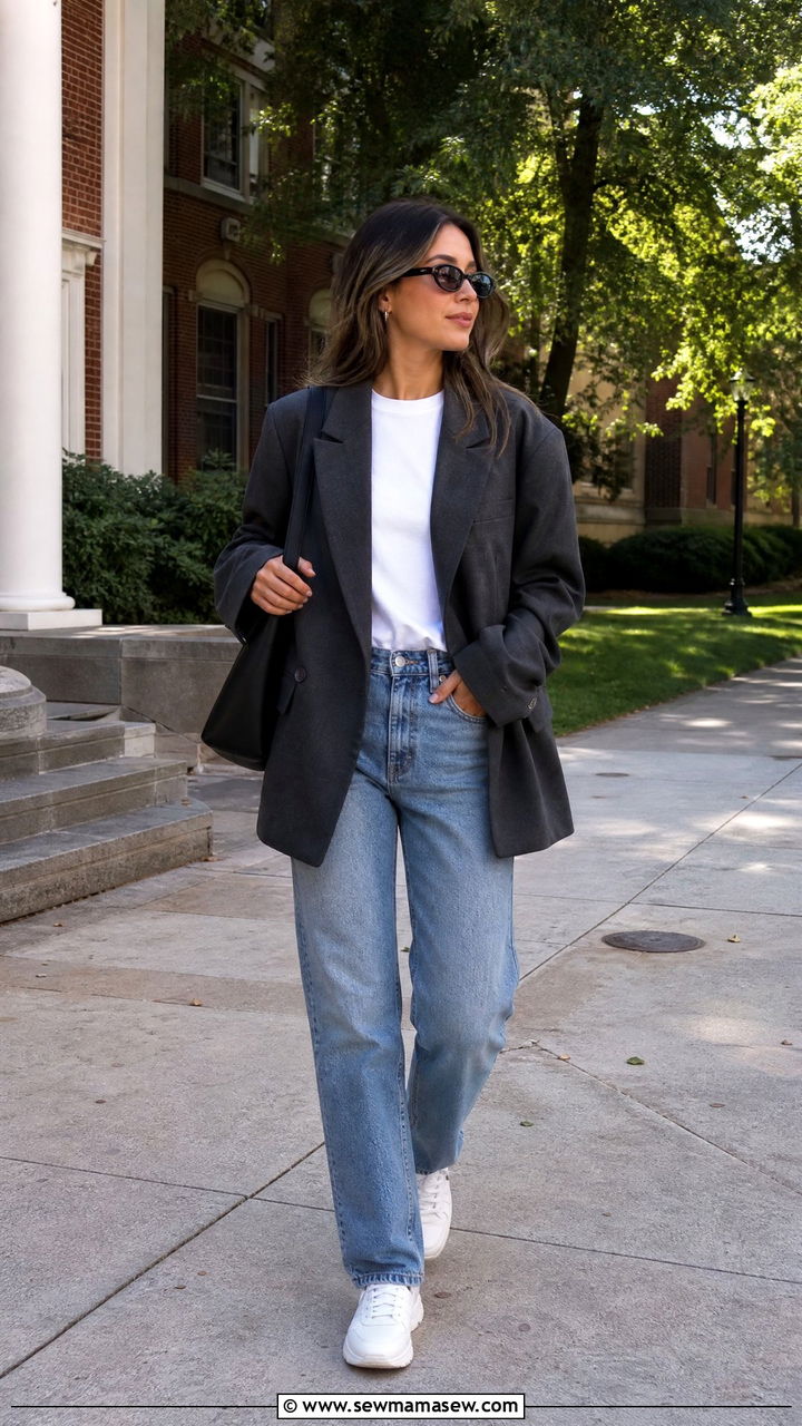 Oversized Blazer With Jeans And Sneakers Outfit - 25 PhD student outfit ideas