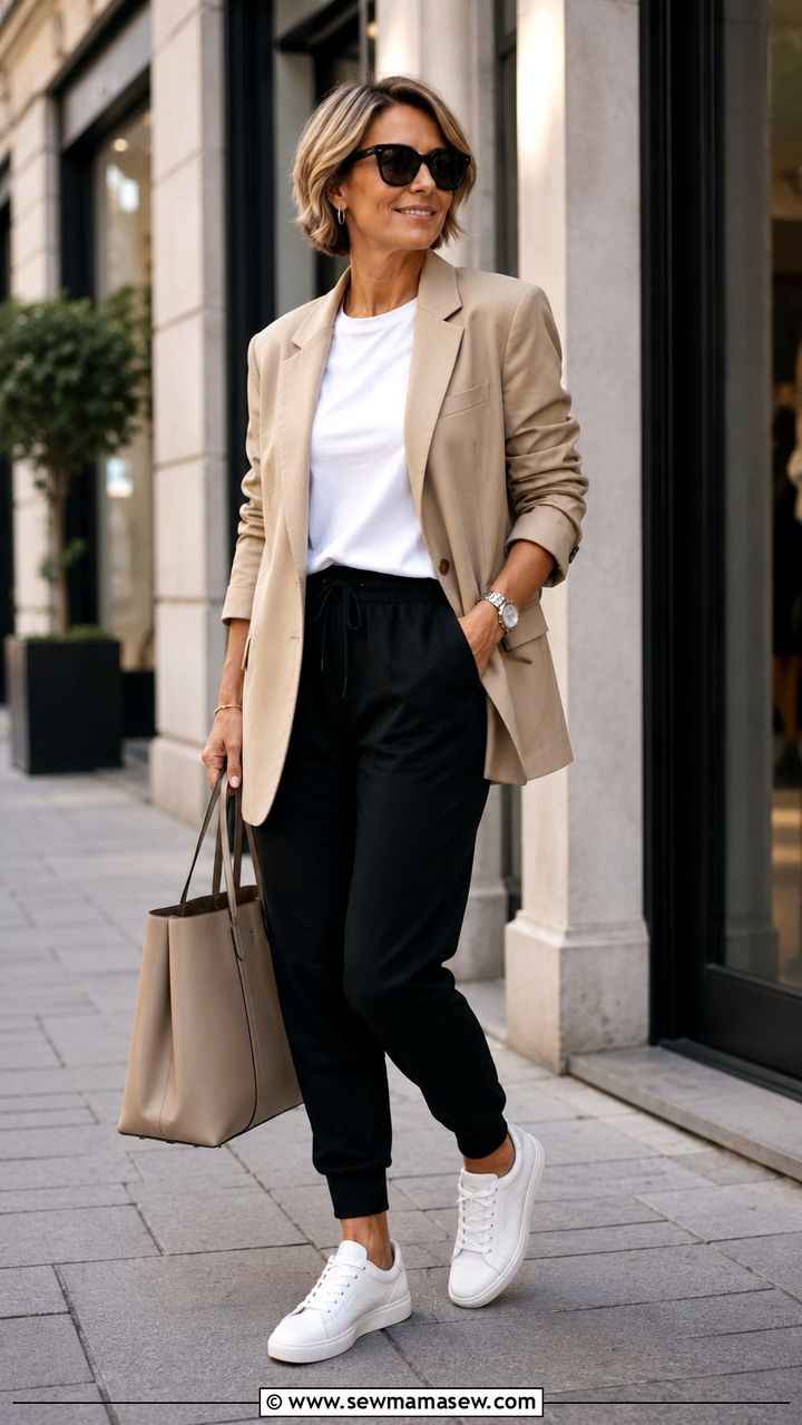 Oversized Blazer With Joggers And White Sneakers - 30 Sporty chic outfit ideas for women over 40