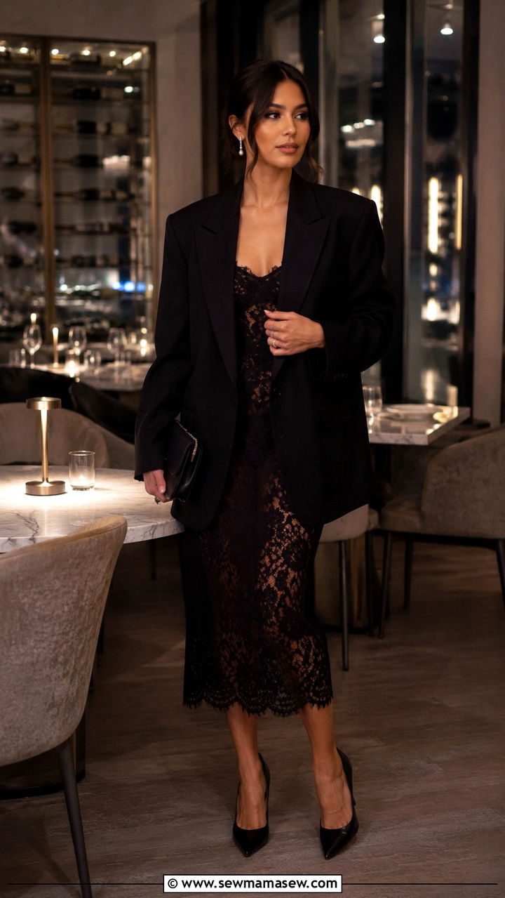 Oversized Blazer With Lace Midi Dress and Pointed Toe Pumps - 30 Oversized blazer outfit ideas with a dress
