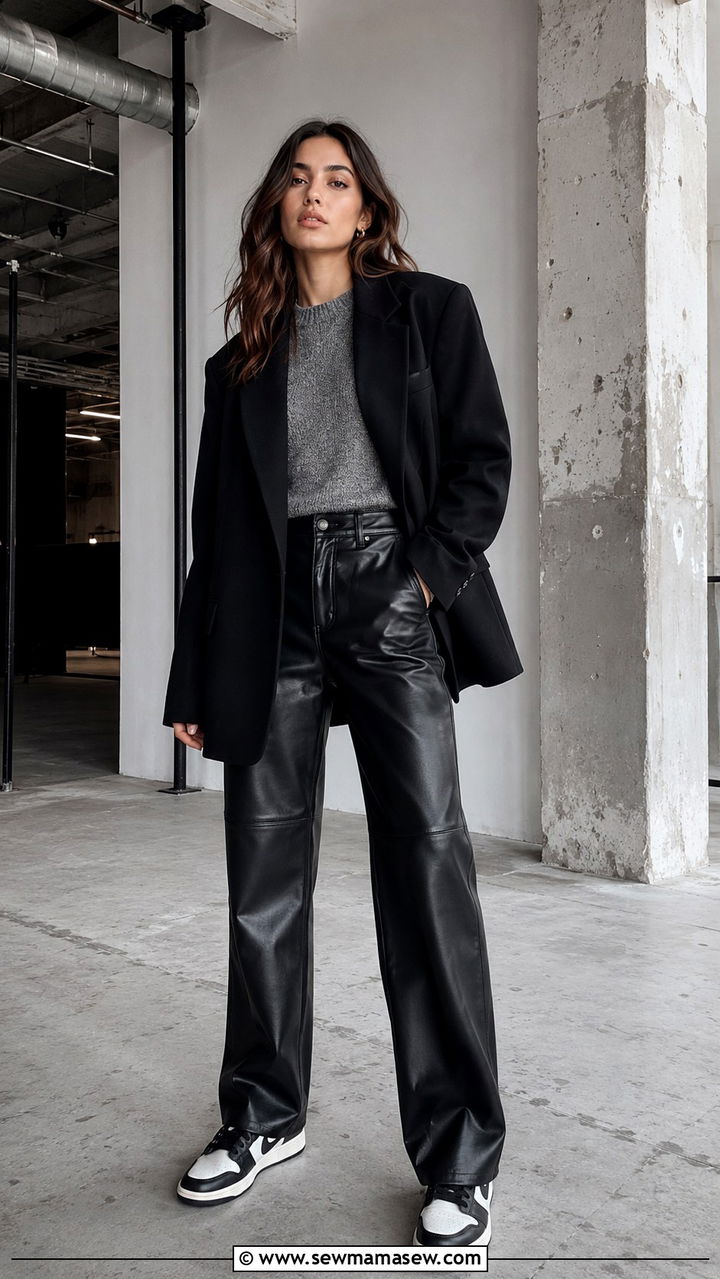 Oversized Blazer With Leather Pants And Sneakers - 30 Oversized blazer outfit ideas with sneakers