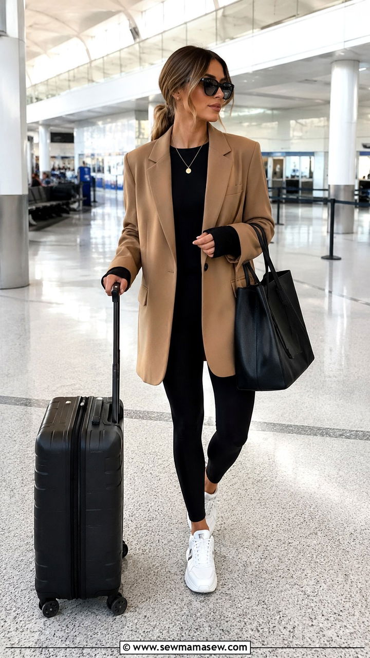 Oversized Blazer With Leggings Airport Outfit - 25 Airport outfit ideas for Europe