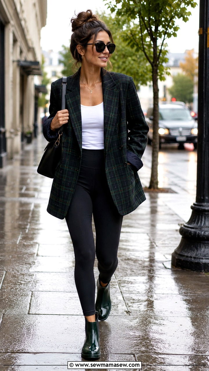 Oversized Blazer With Leggings And Ankle Rain Boots - 25 rainy day outfits Pinterest
