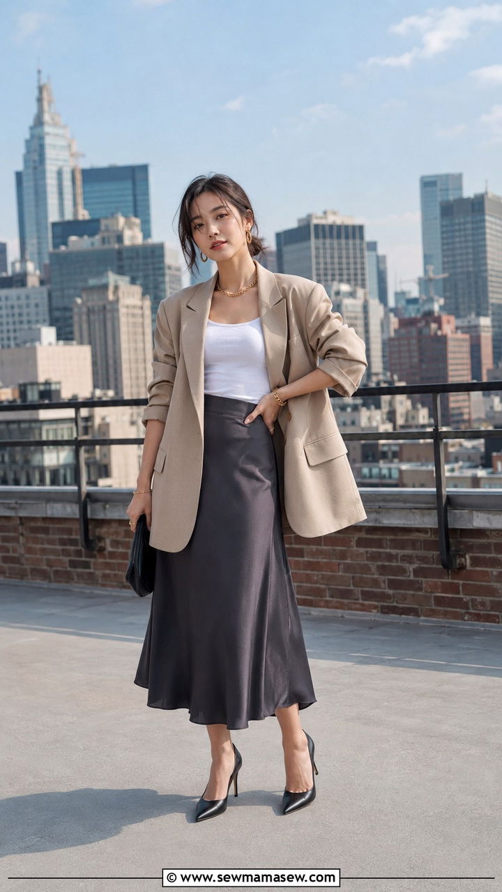 Oversized Blazer With Midi Skirt And Pointed Toe Heels - 25 Petite outfit ideas with midi skirt