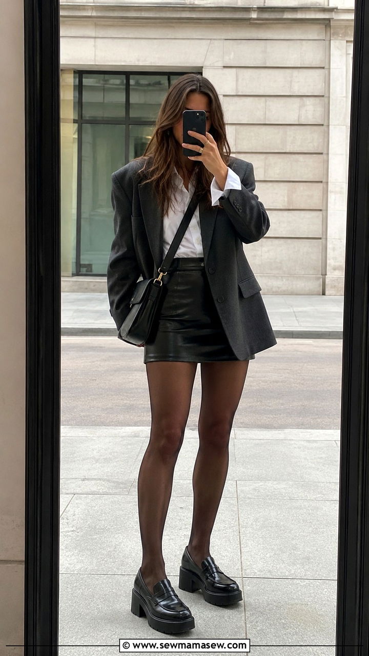 Oversized Blazer With Mini Leather Skirt - 30 Leather skirt outfit ideas with a blazer