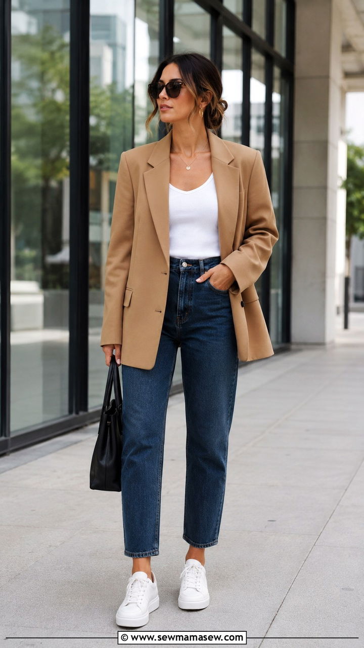 Oversized Blazer With Mom Jeans and White Sneakers - 30 Mom jeans outfit ideas with white sneakers