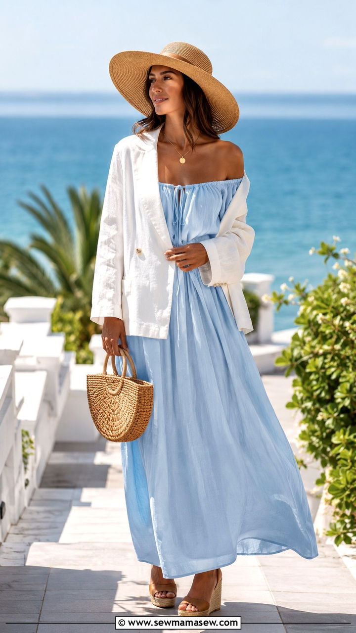 Oversized Blazer With Off Shoulder Maxi Dress and Wedge Sandals - 30 Oversized blazer outfit ideas with a dress