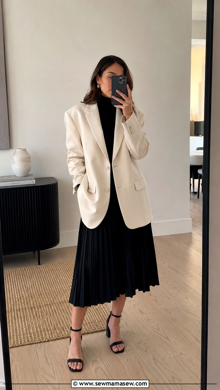 Oversized Blazer With Pleated Skirt And Ankle Strap Heels - 30 Oversized blazer outfit ideas with heels