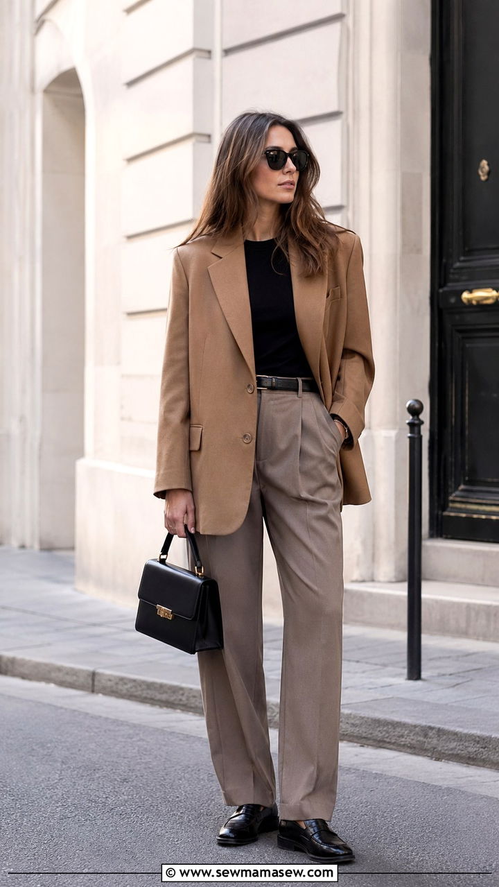 Oversized Blazer With Pleated Trousers And Loafers - 30 Parisian capsule wardrobe 2026