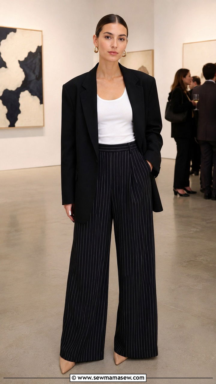 Oversized Blazer With Printed Wide Leg Pants And Neutral Heels - 30 Oversized blazer outfit ideas with heels
