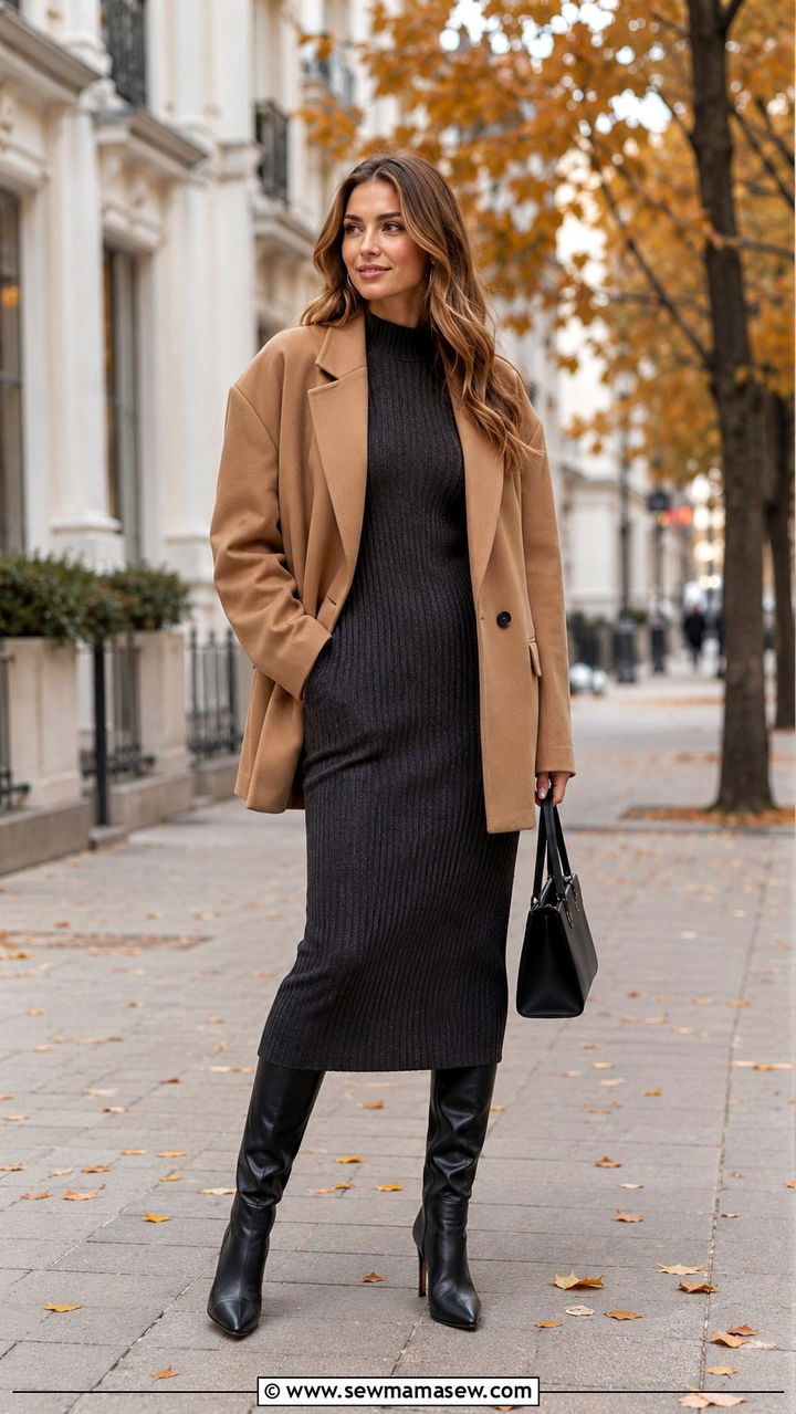 Oversized Blazer With Ribbed Knit Dress And Knee High Heel Boots - 30 Oversized blazer outfit ideas with heels