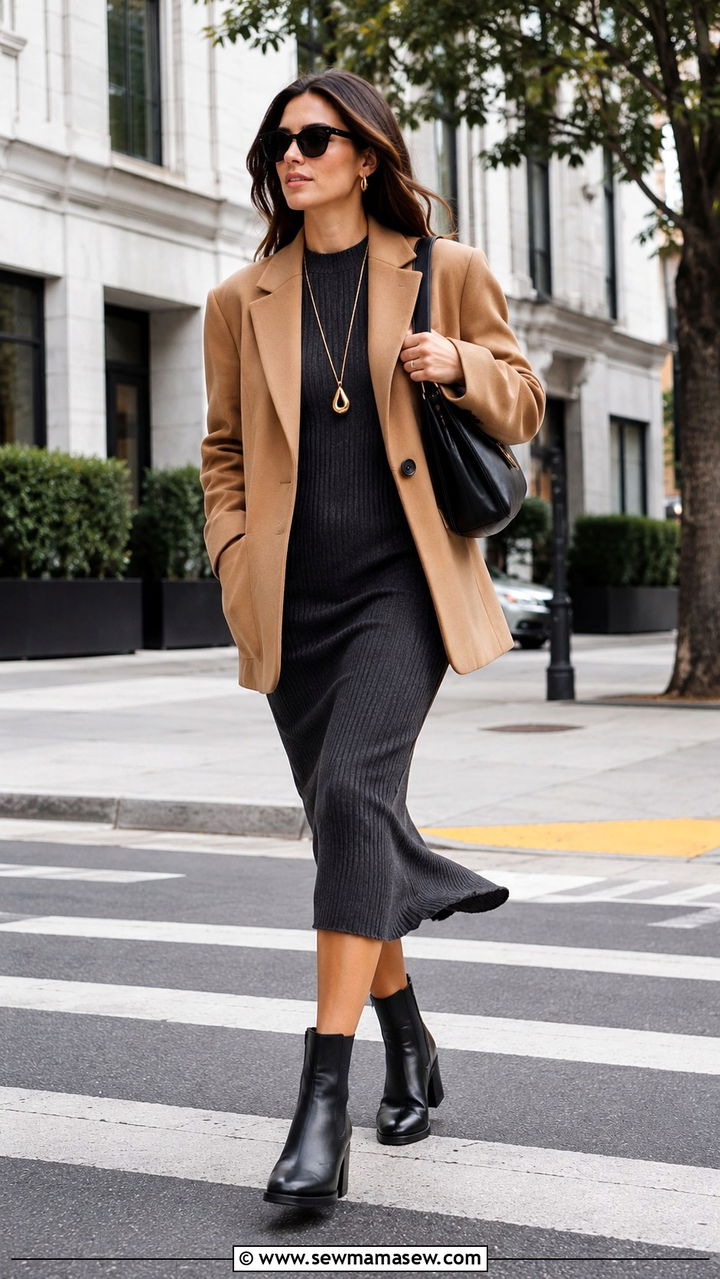 Oversized Blazer With Ribbed Knit Midi Dress and Chelsea Boots - 30 Oversized blazer outfit ideas with a dress