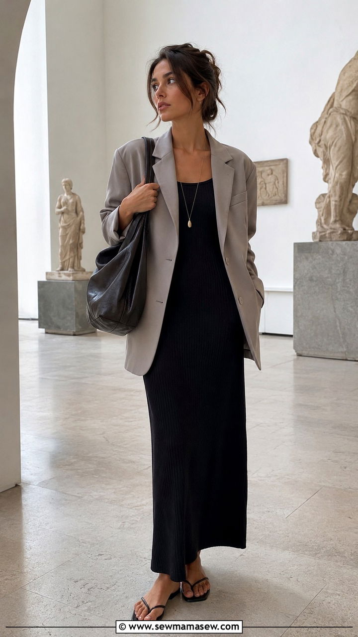 Oversized Blazer With Ribbed Maxi Dress and Flat Sandals - 30 Oversized blazer outfit ideas with a dress