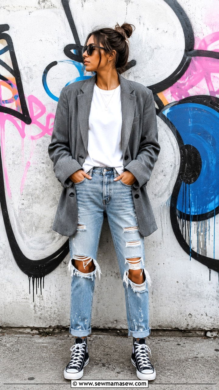 Oversized Blazer With Ripped Jeans And Sneakers - 30 Oversized blazer outfit ideas with sneakers