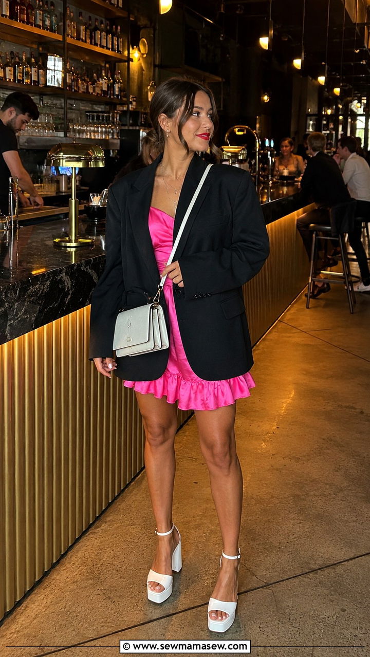 Oversized Blazer With Ruffle Hem Mini Dress and Chunky Heels - 30 Oversized blazer outfit ideas with a dress