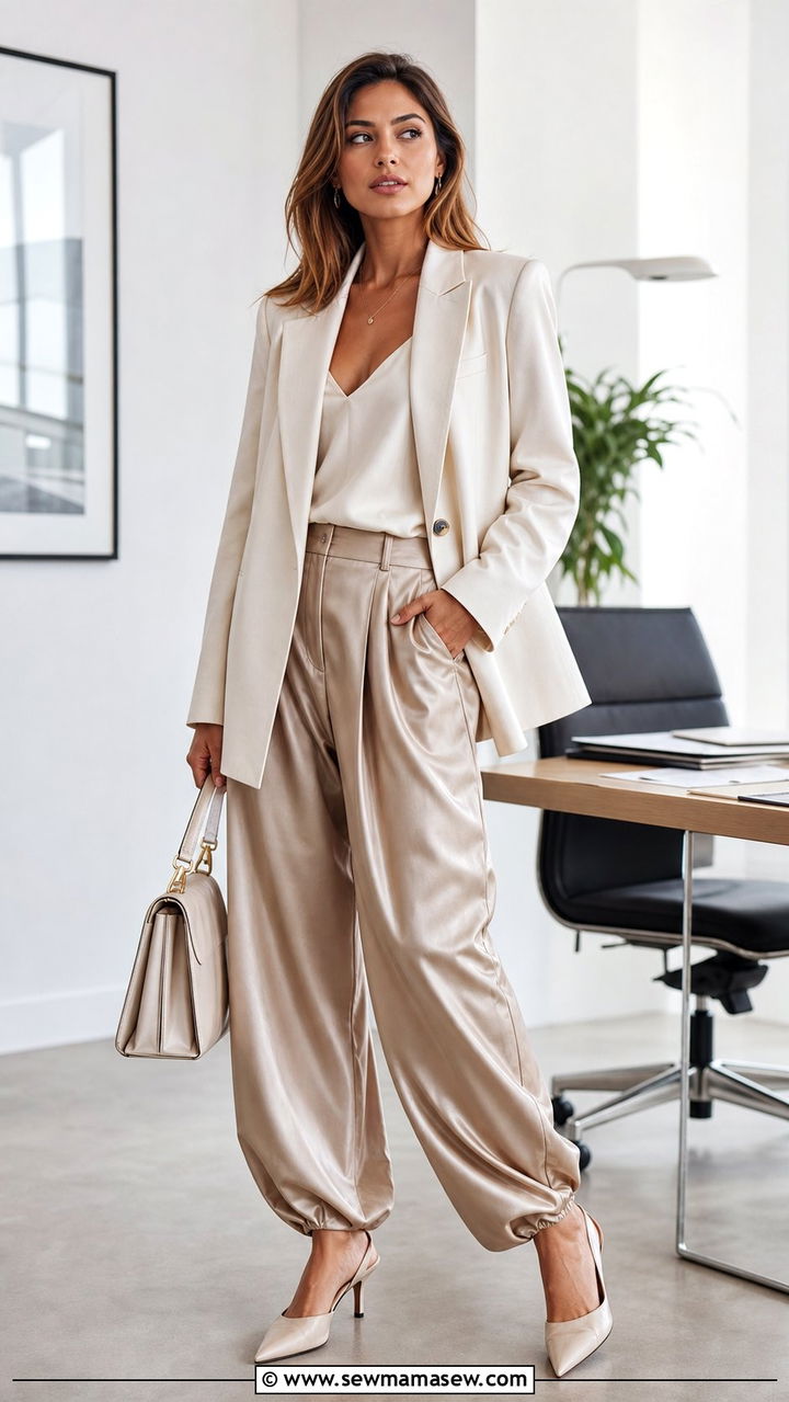 Oversized Blazer With Satin Balloon Trousers Outfit - 35 balloon pants outfits ideas