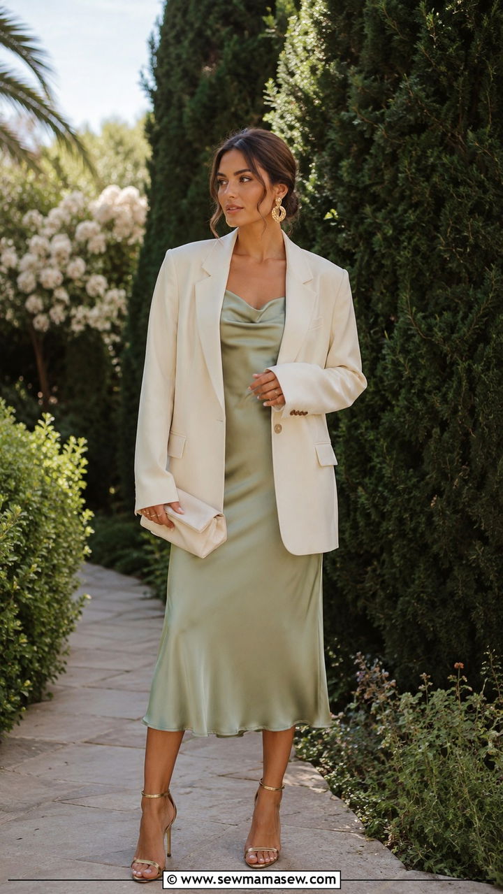 Oversized Blazer With Satin Midi Dress and Heeled Sandals - 30 Oversized blazer outfit ideas with a dress