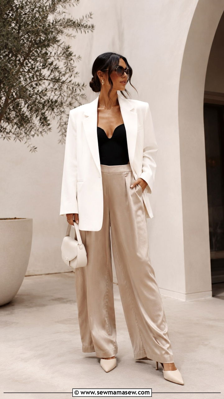 Oversized Blazer With Satin Wide Leg Trousers - 30 Oversized blazer outfit ideas for work