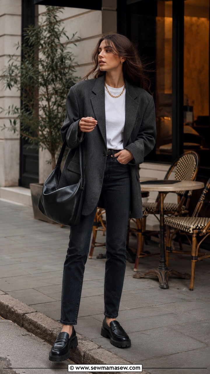 Oversized Blazer With Slim Fit Jeans And Loafers - 25 windy day outfits aesthetic