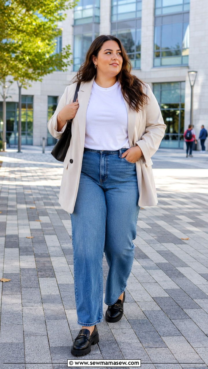 Oversized Blazer With Straight Leg Jeans And Loafers - 30 Plus size outfit ideas for college