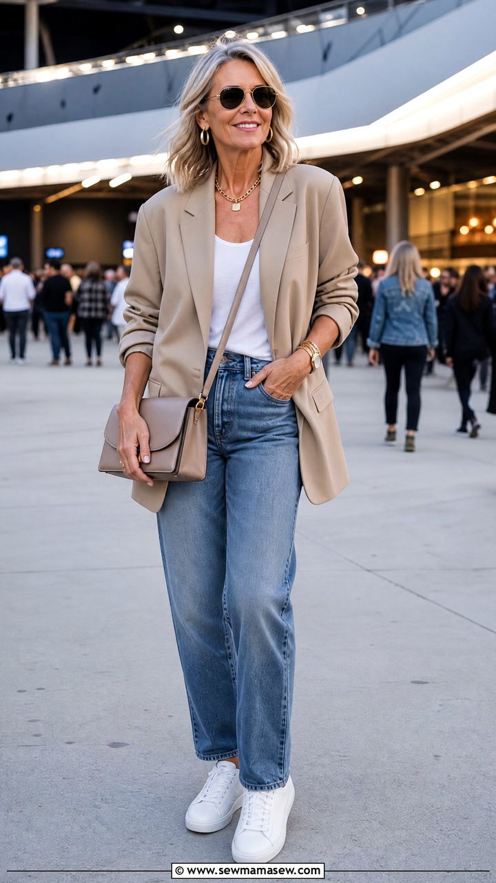 Oversized Blazer With Straight Leg Jeans And Sneakers - 30 summer concert outfits for women over 40