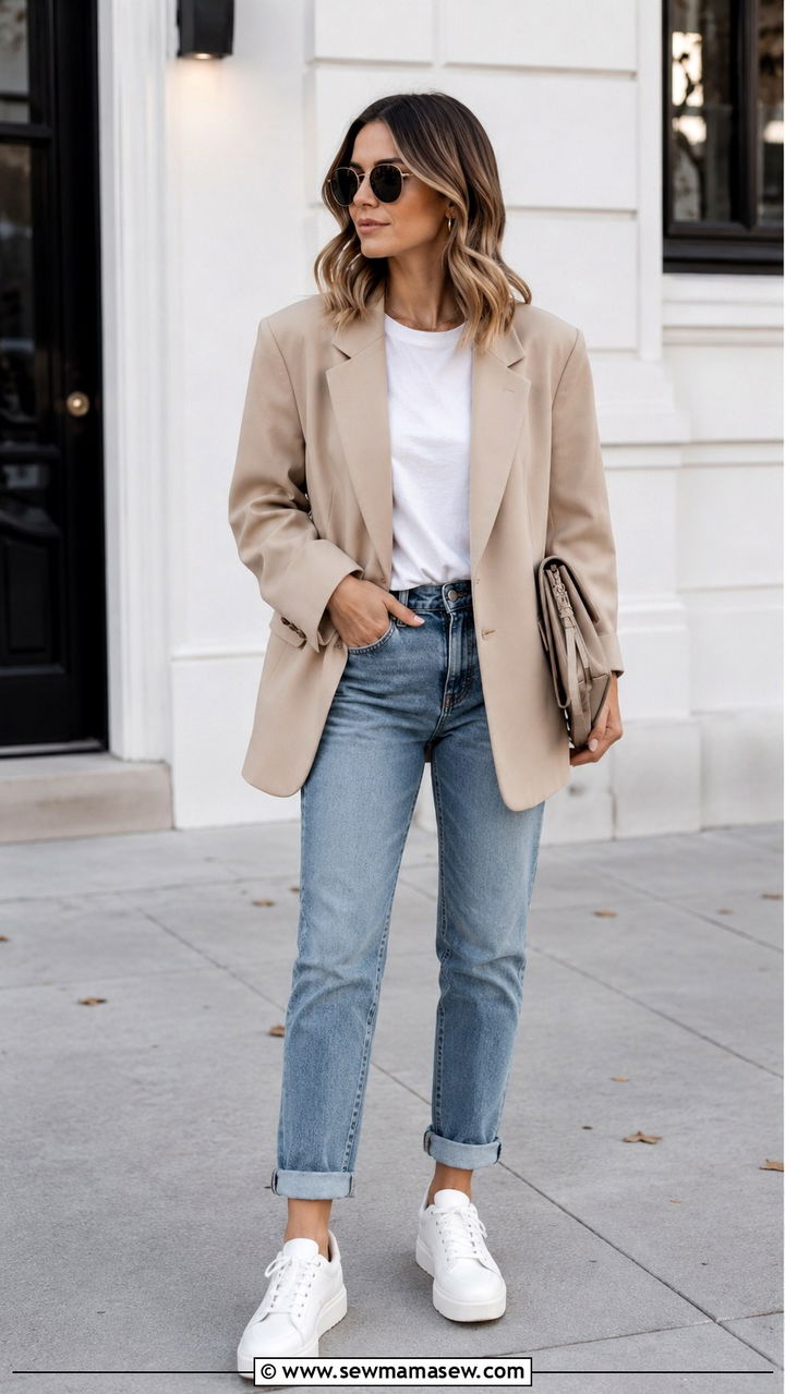Oversized Blazer With Straight Leg Jeans And Sneakers - 30 transitional outfits Pinterest