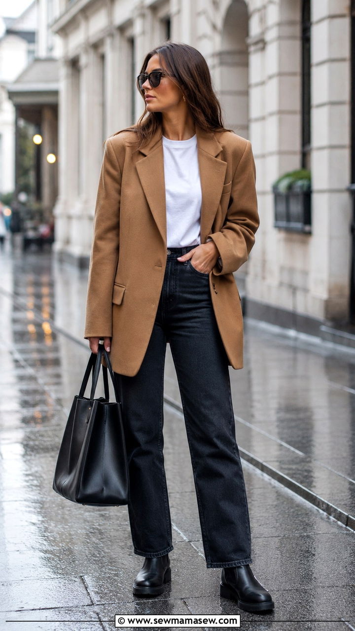 Oversized Blazer With Straight Leg Jeans and Ankle Boots - 25 rainy day outfits trends