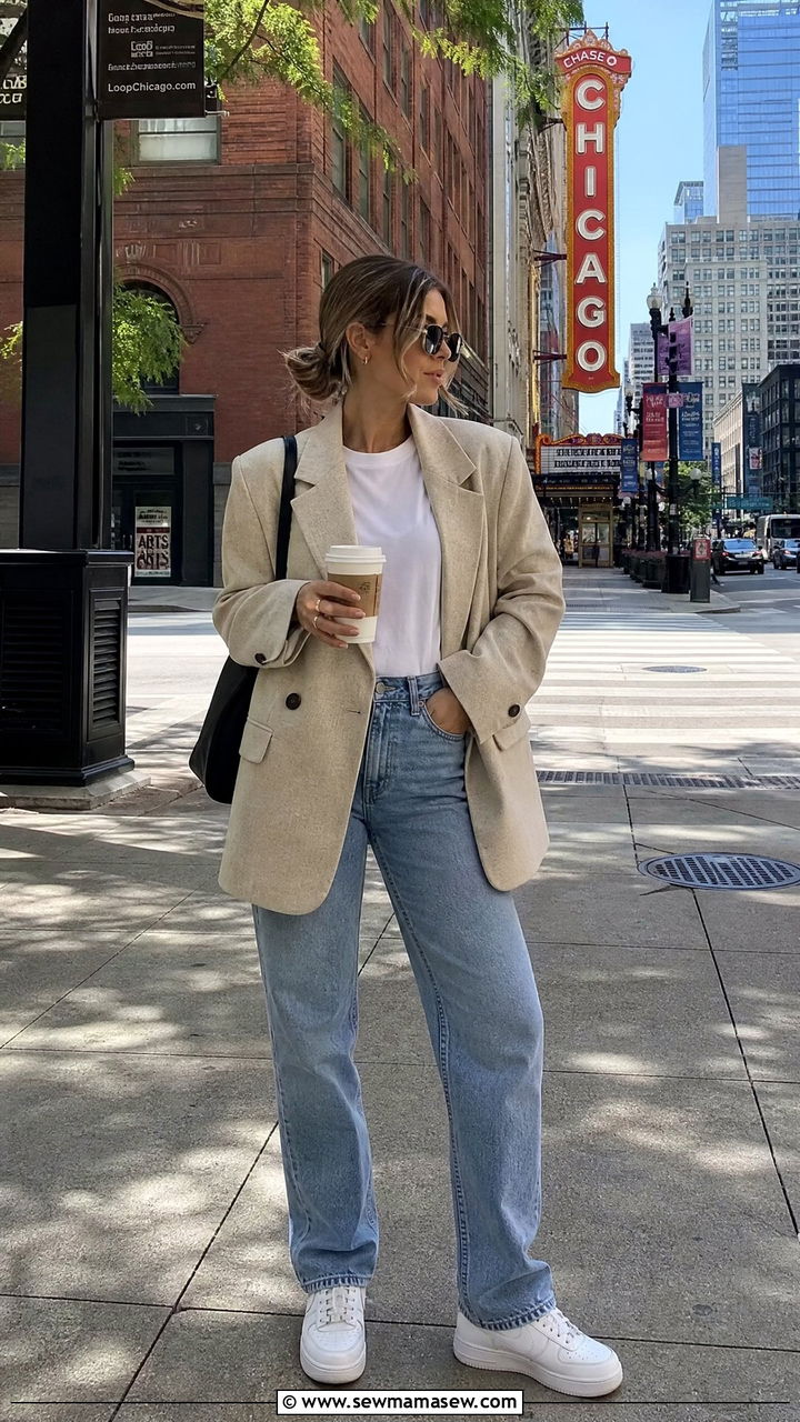 Oversized Blazer With Straight Leg Jeans and Sneakers - 25 Chicago outfit ideas