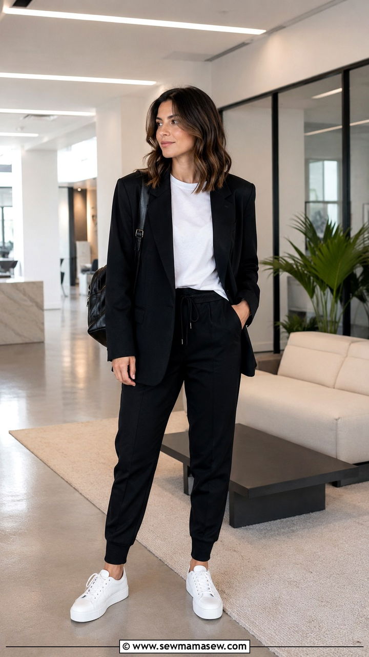 Oversized Blazer With Tailored Joggers And White Tee - 30 Oversized blazer outfit ideas for work