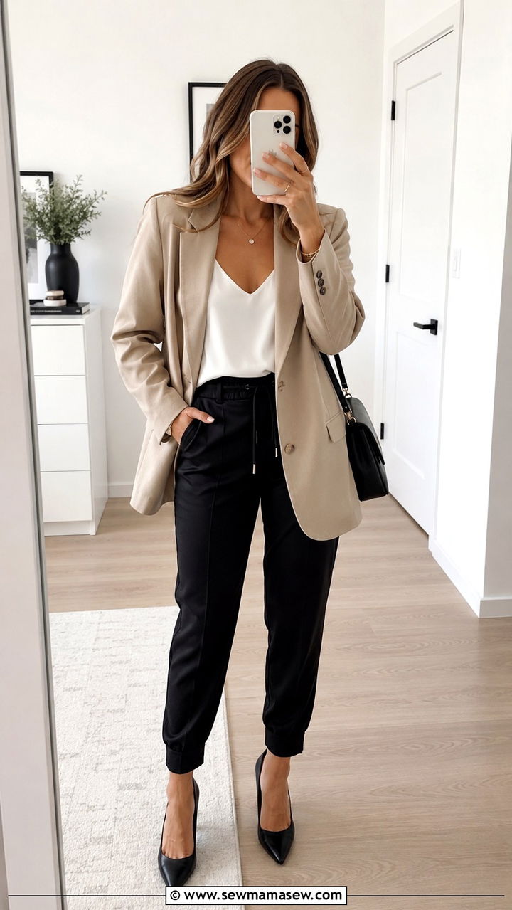 Oversized Blazer With Tailored Joggers and Heels - 30 Spring outfits with joggers