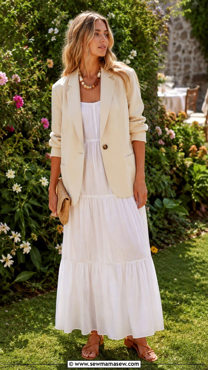 Oversized Blazer With Tiered Maxi Dress and Strappy Sandals - 30 Oversized blazer outfit ideas with a dress