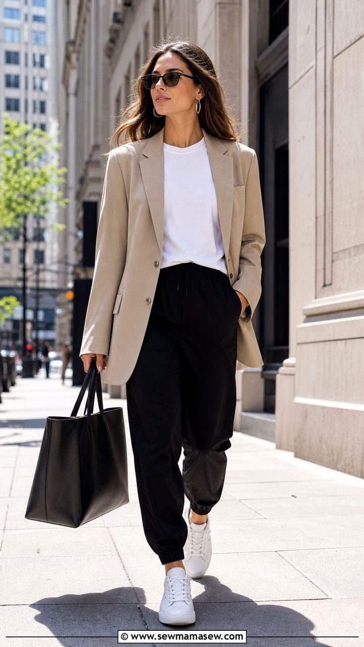 Oversized Blazer With Track Pants And Sneakers - 25 spring business meets athletic outfit ideas