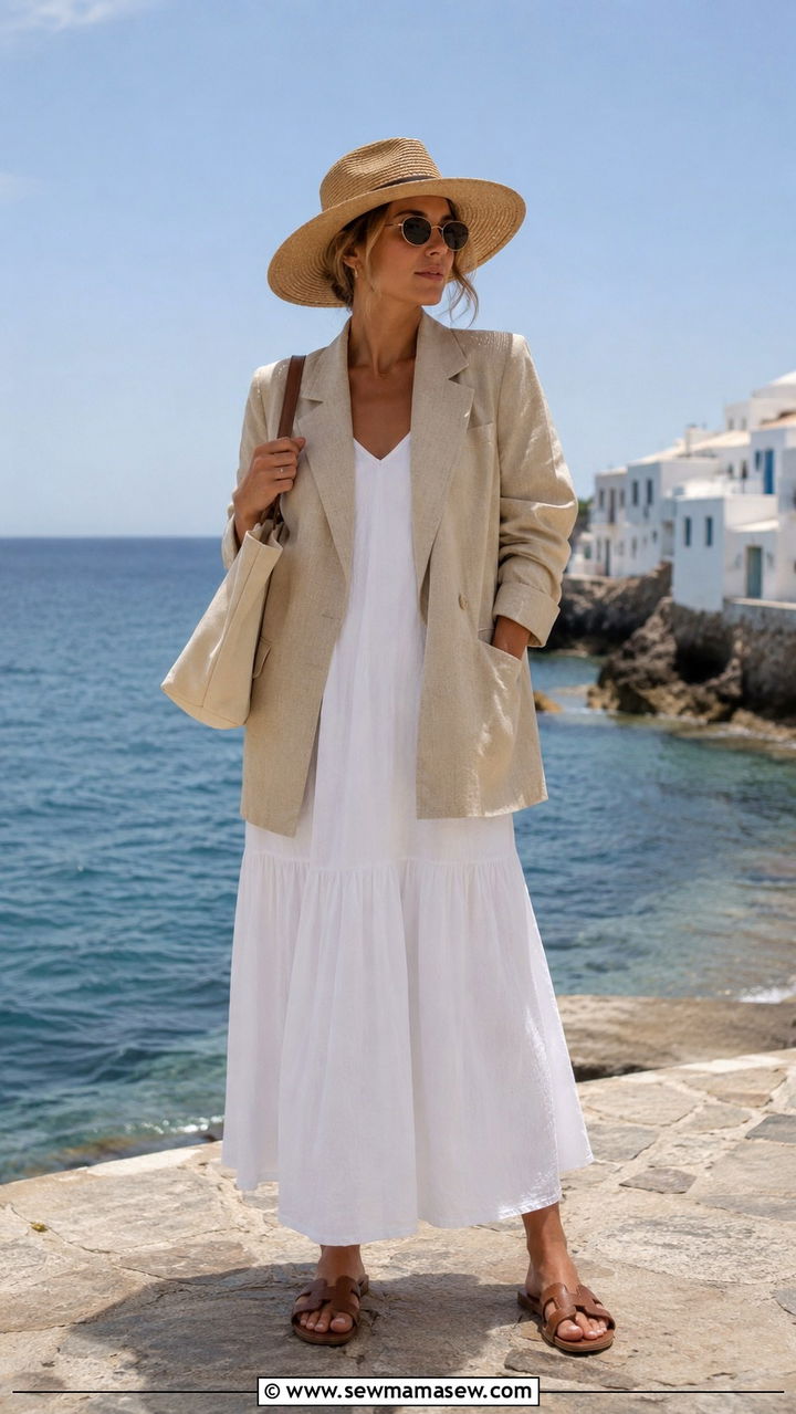 Oversized Blazer With White Maxi Dress and Flat Sandals - 30 Oversized blazer outfit ideas with a dress