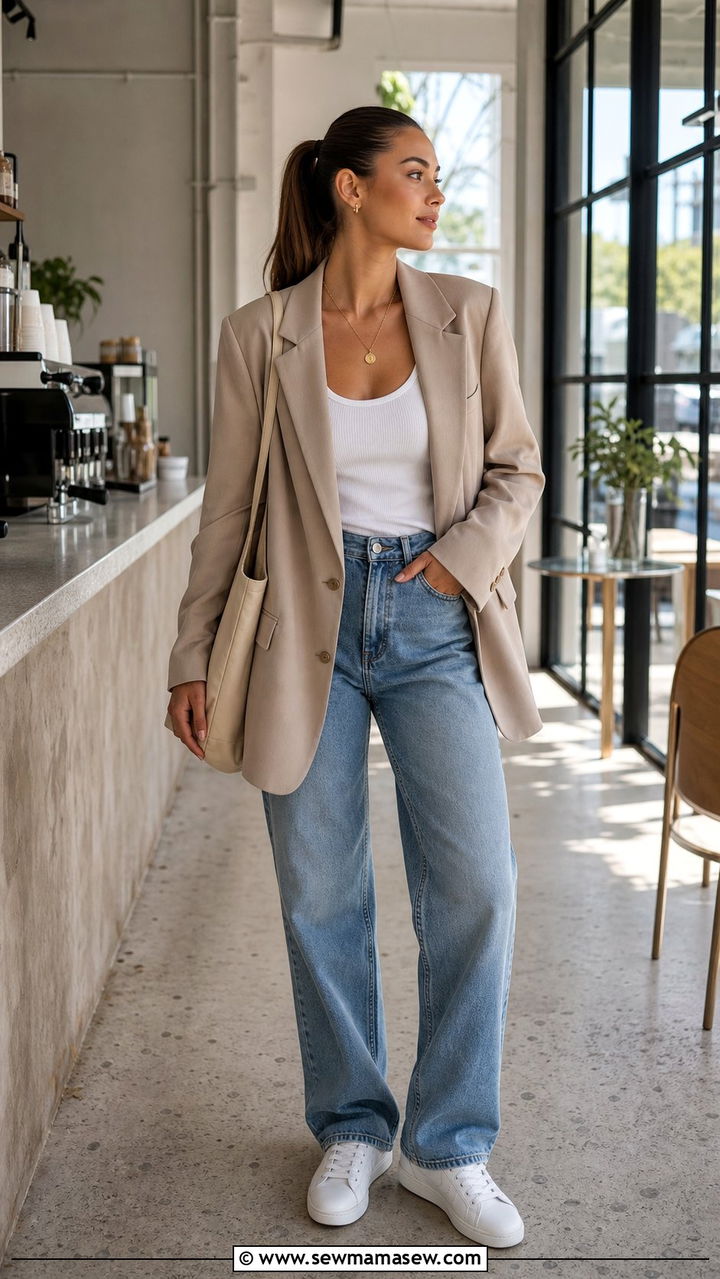 Oversized Blazer With White Tank And Straight Leg Jeans - 25 Clean girl outfit ideas for teens