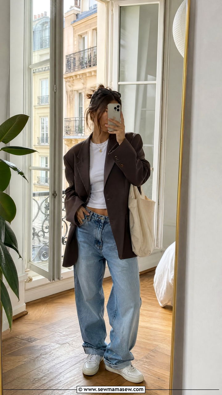 Oversized Blazer With White Tee And Baggy Jeans - 25 French girl outfit ideas 2026
