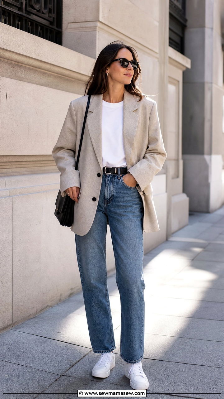 Oversized Blazer With White Tee And Straight Leg Jeans - 30 Outfit ideas for skinny women