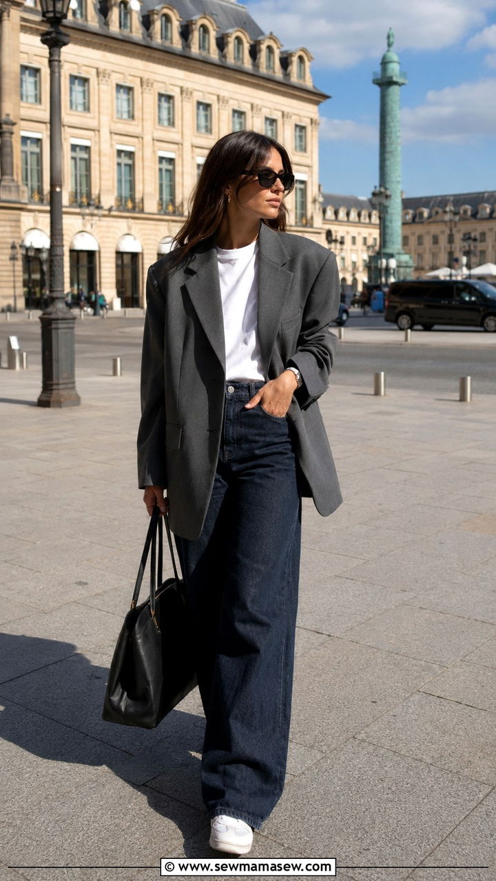 Oversized Blazer With White Tee And Wide Leg Jeans - 30 Paris outfits inspo