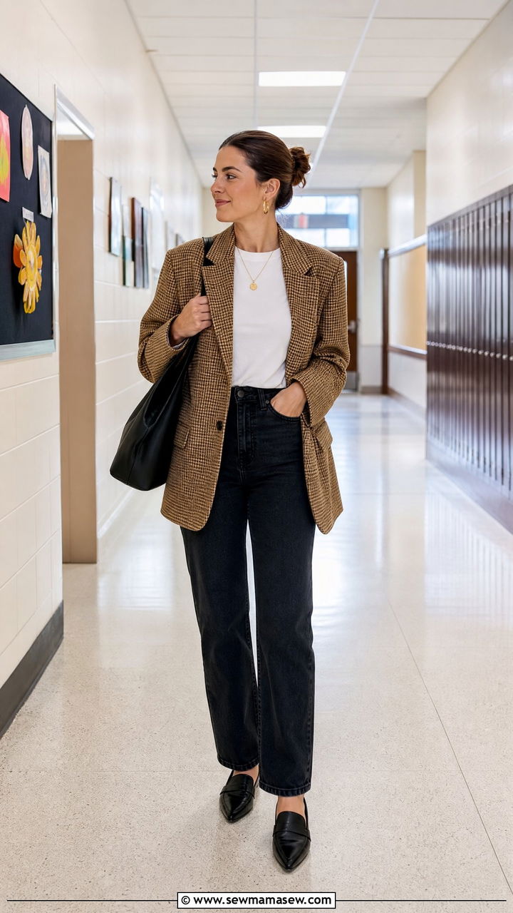 Oversized Blazer With White Tee and Black Jeans - 25 First year teacher outfit ideas
